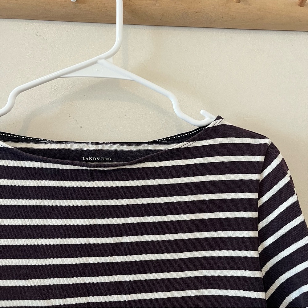 Land’s End | navy blue and white striped 3/4 sleeve boat neck cotton shirt